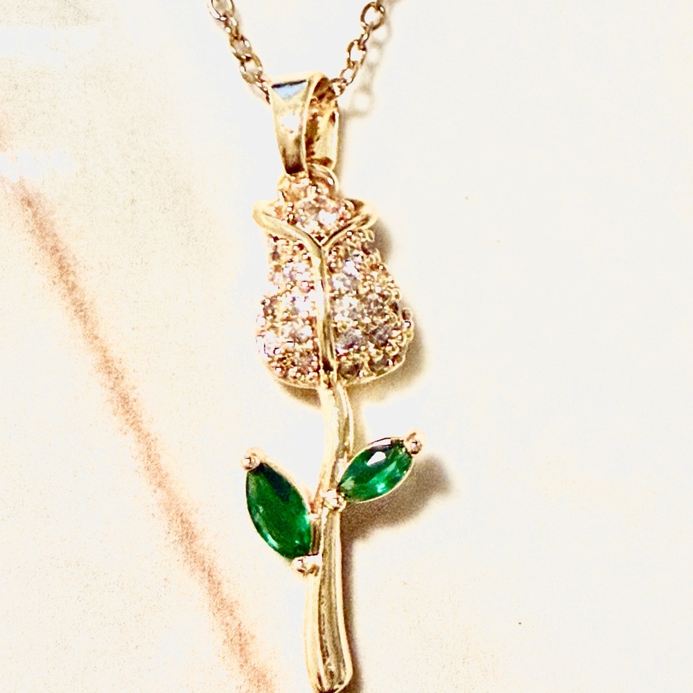Gold plated sterling silver Pendant Necklace with Green Leaf Accents